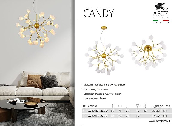 Подвесная люстра Arte Lamp Candy A7274SP-36GO